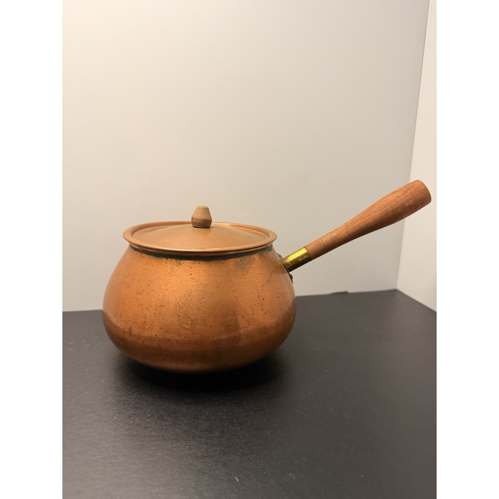 Vintage Dutch Solid Copper Saucepan Pot Lid Wooden Handle Netherlands Farmhouse